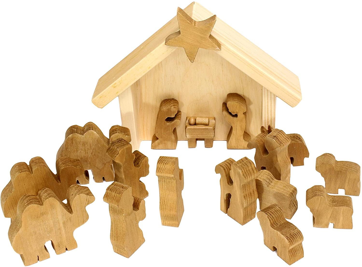 AmishMade 14Piece Wooden Nativity Manger Scene Set