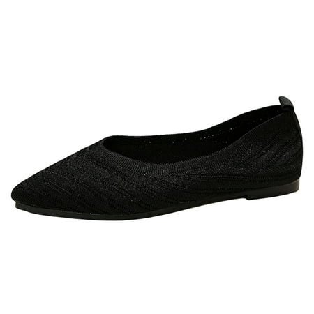 

PMUYBHF Shoes for Women Heels Comfortable Ladies Casual Pointed Toe Fly Woven Striped Shallow Mouth Flat Bottom Large Size Knitted Shoes Single Shoes