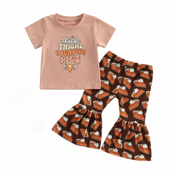 Toddler Baby Halloween Outfits 6M 12M 2Y 3Y 4Y 5Y 6Y Little Girls Pumpkin Pies Bell Bottoms and Short Sleeve T Shirt Tops