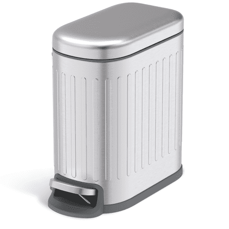 Home Zone Living 1.3 Gallon Slim Stainless Steel Small Trash Can with Reeded Pattern Step Pedal and Soft-Close Lid Silver