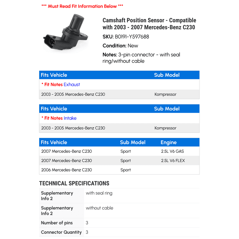 Camshaft Position Sensors & Adjuster Magnets Kit For Mercedes-Benz C230 Sport & More (VVT340)