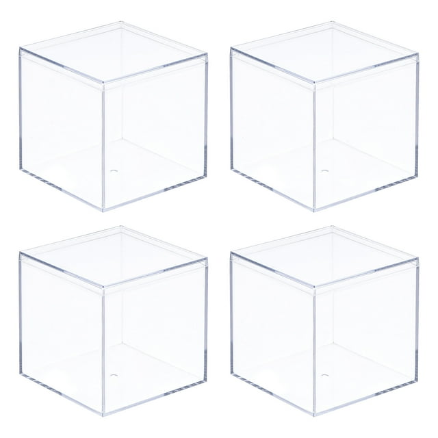 Uxcell 4Pcs Caja de Almacenamiento de Plástico Acrílico Transparente Cuadrada con Tapa para Artículos Pequeños 2x2x2