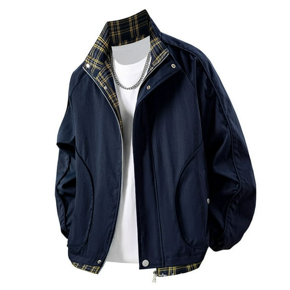 Coats for Men Plus Size Long Sleeve Plaid Stand-up Collar Button Zipper Pocket Double Penetration Solid-Color Casual Outwear Windbreaker Jacket,Mens Tops Blue XL