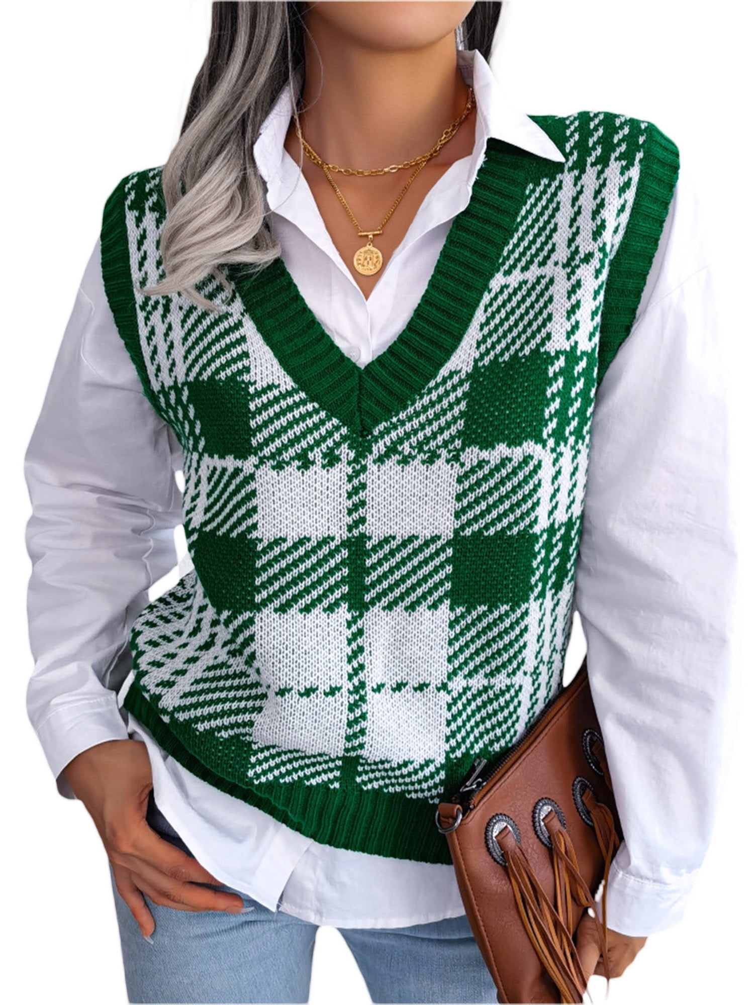 Gureui Women's Sleeveless Pullover Sweater Vest, Casual V Neck Plaid Print  Classic Fit Basic Fall Spring Knitted Tank Tops,Green, Khaki, Black -  Walmart.com