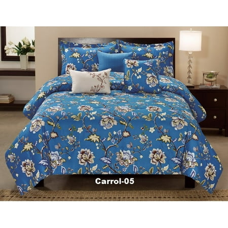 Light Blue Floral Bedding Unique Home Carrol Brown Floral Vines Comforter 6 Piece Bed Set Ruffled Bed In A Bag Clearance bedding Comforter Duvet Fade Resistant, Super Soft, King, Blue ()