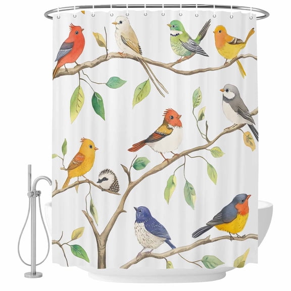 Watercolor Birds Shower Curtain Set - Small 36" x 72" Washable Bathtub Curtain with 12 Hooks, Spring Botanical Leaf Branch Modern Waterproof Fabric Stall Shower Curtains for Bathroom/Bathtub Décor