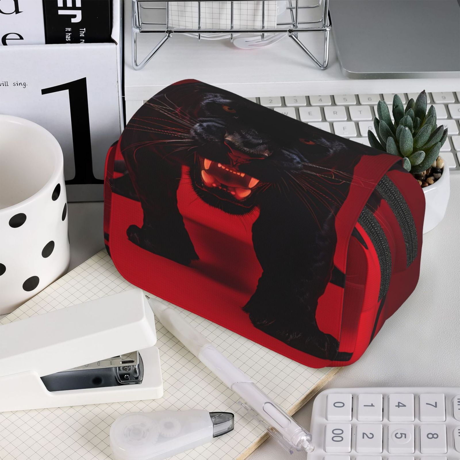Rateoe Panther Red Background Pattern Double Clamshell Pen Case, Storage Organizer with Two Zipper Compartments– Holds Up to 50 Pencils & Pens