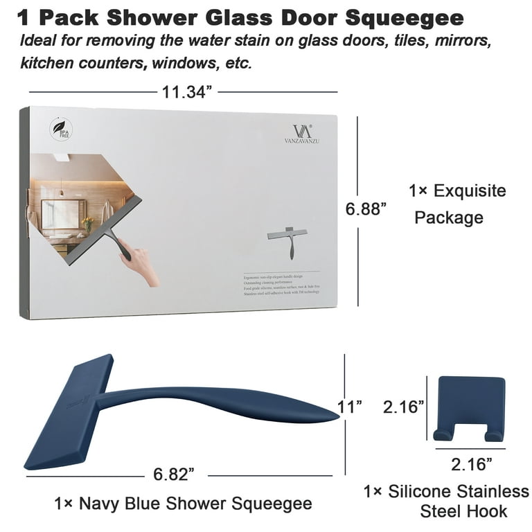 Shower Squeegee for Shower Glass Doors 11-Inch Bathroom Squeegee Shower Door  Silicone Squeegees Wiper with Non-Slip Handle, Self-Adhesive Silicone Hook,  for Mirror, Tiles, Counter (Navy Blue-1 Pack) 