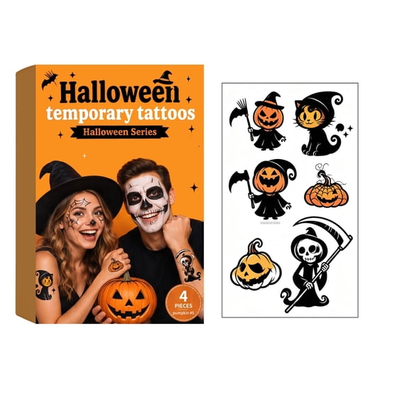 4-Sheet Halloween Temporary Tattoos, Cute Pumpkin and Witch Stickers for Kids and Adults, 4PCS