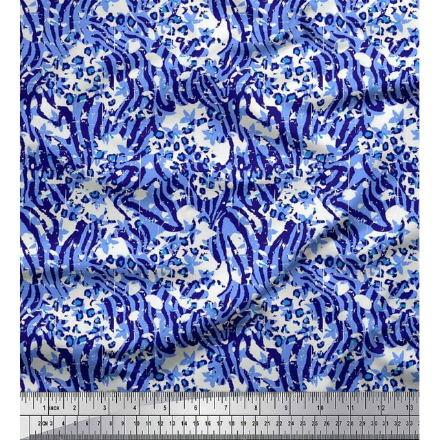 Soimoi Blue Rayon Crepe Fabric Leopard & Wild Animal Skin Print Sewing Fabric BTY 46 Inch Wide