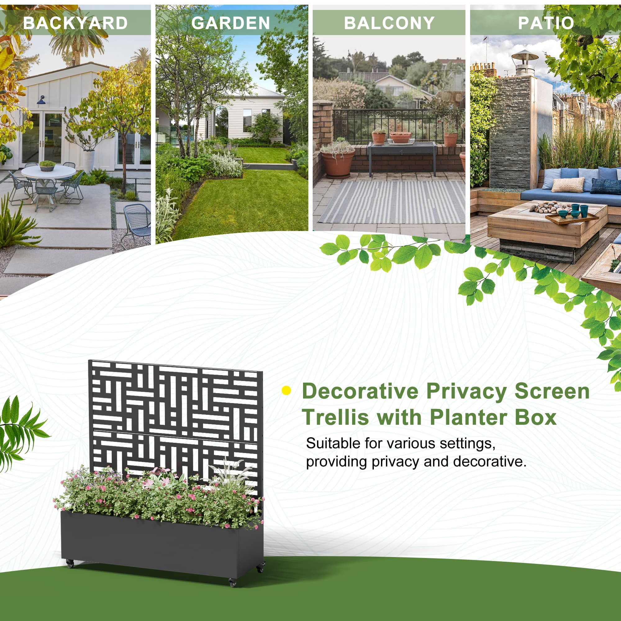 MAYEERTY 47.2"×47.2"×15.7" Black Iron Planter Box with Trellis - "Helen Street 01" Style, Suitable for Outdoor Spaces