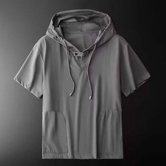 Ceisia Men's Solid Color Short Sleeve V-Neck Hooded T-Shirt with Pocket Button Detail Soft Stretchy Breathable Casual Summer Top Dark Gray XL Gifts