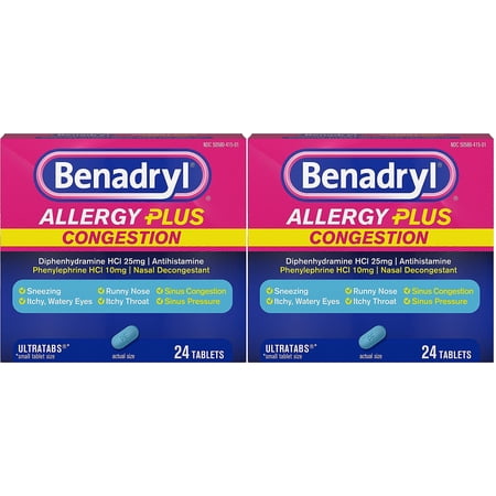 Benadryl Allergy Plus Congestion, 24 Tablets (Pack of 2)
