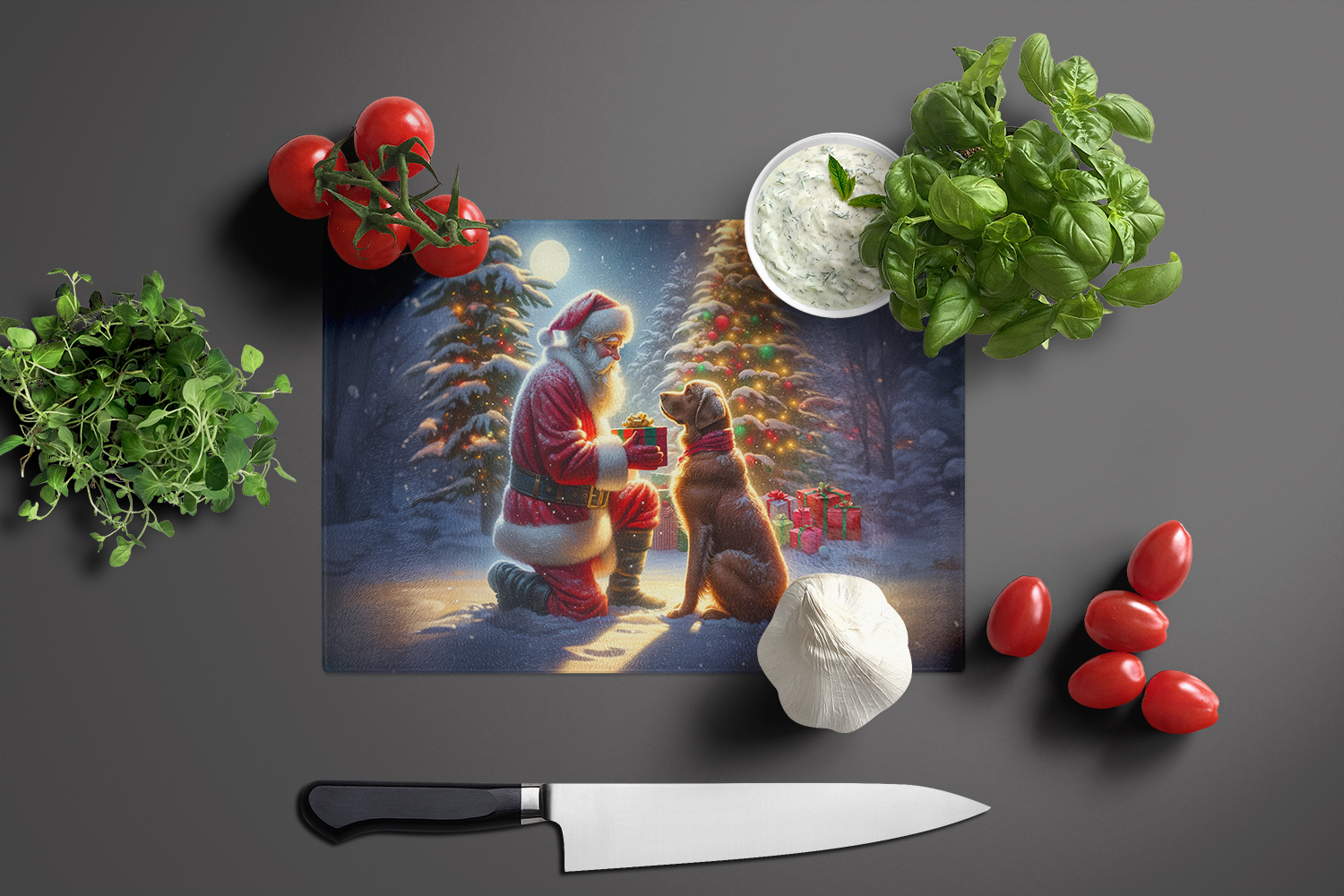 Chesapeake Bay Retriever and Santa Claus Glass Cutting Board 12 in x 15 in