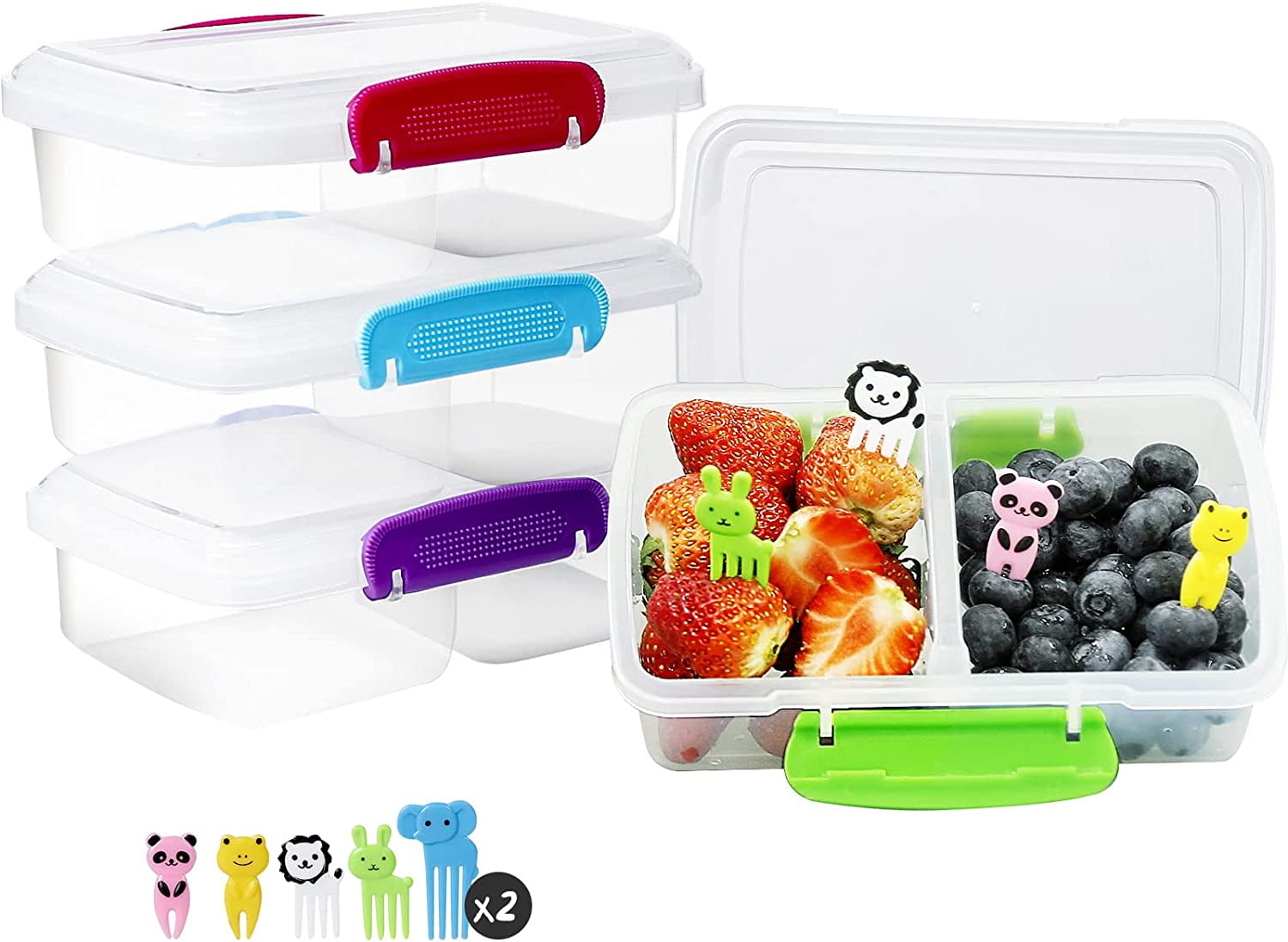 Loobuu 4 Pack Plastic Snack Containers for Kids Bento Boxs with 2 Compartments Travel Snack