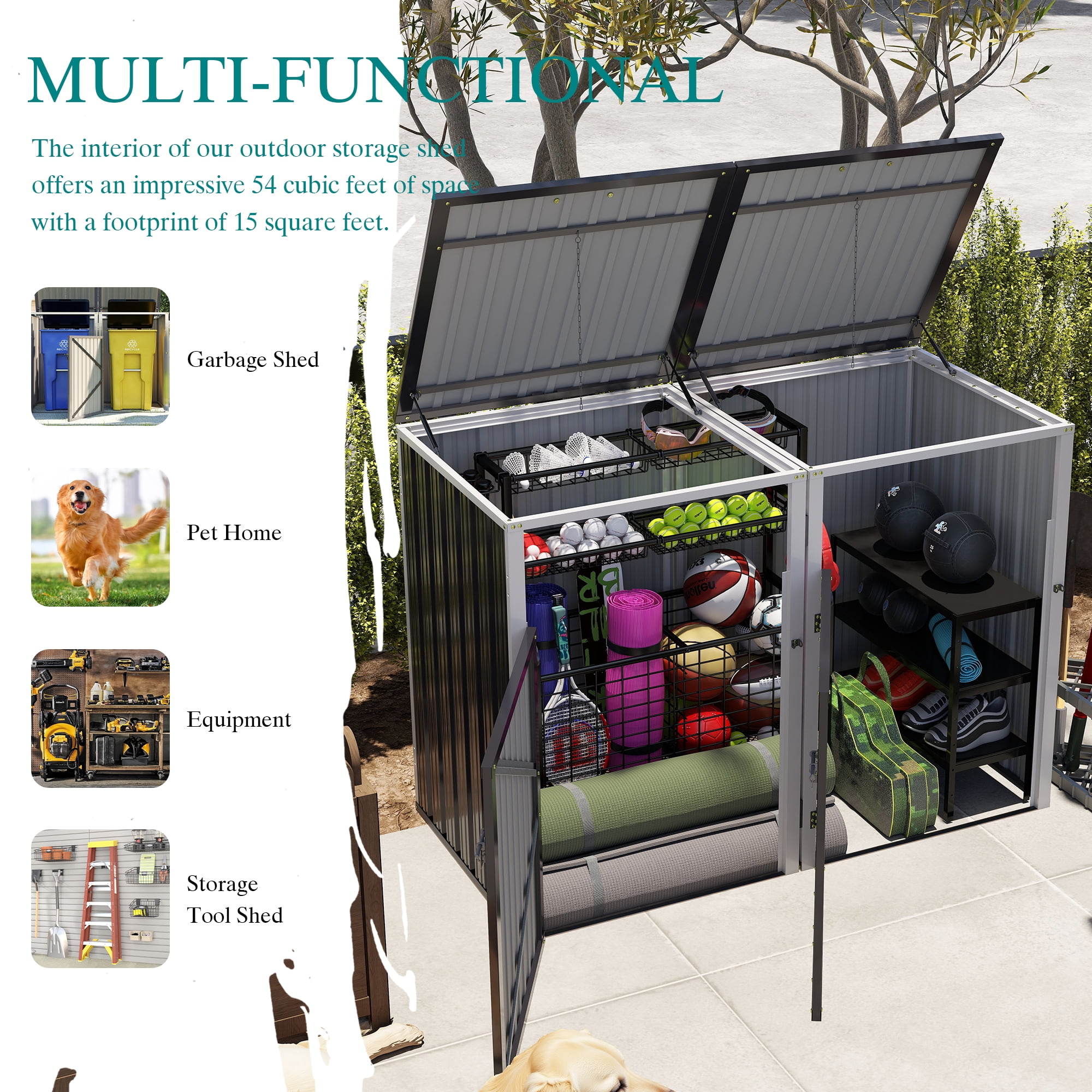 Aukfa 5.3 FT x 4 FT Outdoor Horizontal Garbage Bin Shed for 2 Trash Cans, Metal Trash Can Storage Shed with Lid Lift Chains & Hydraulic Support for Backyard Garden Lawn, Dark Gray
