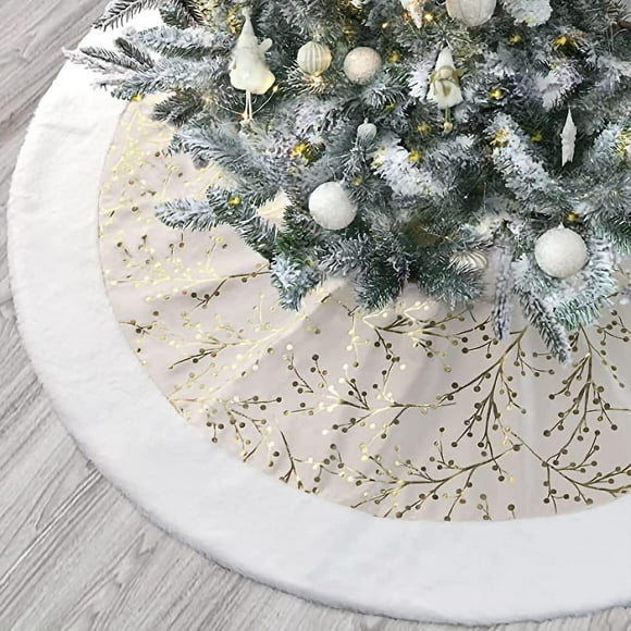 White Christmas Tree Skirt, 48 Inches White Gold Tree Skirt Christmas Flower Branch Pattern (flower)