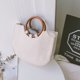 thumbnail image 5 of Bolso de hombro de paja para mujer, moderno, redondo, con asa de madera, de diseñador de marca, para playa, verano, viajes, bolso de mano (blanco), 5 of 7