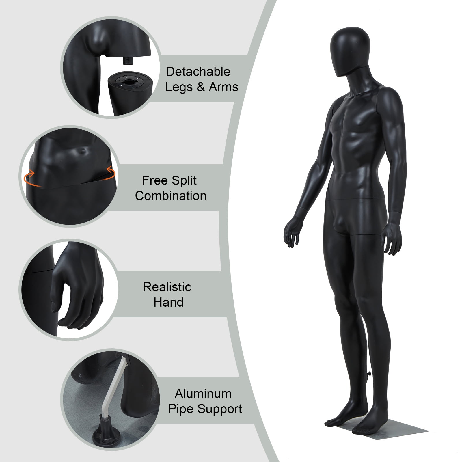 Kinbor 72.8Inch Full Body Male Mannequin, Dress Form Adjustable with Detachable Metal Stand for Retail Clothing Shops