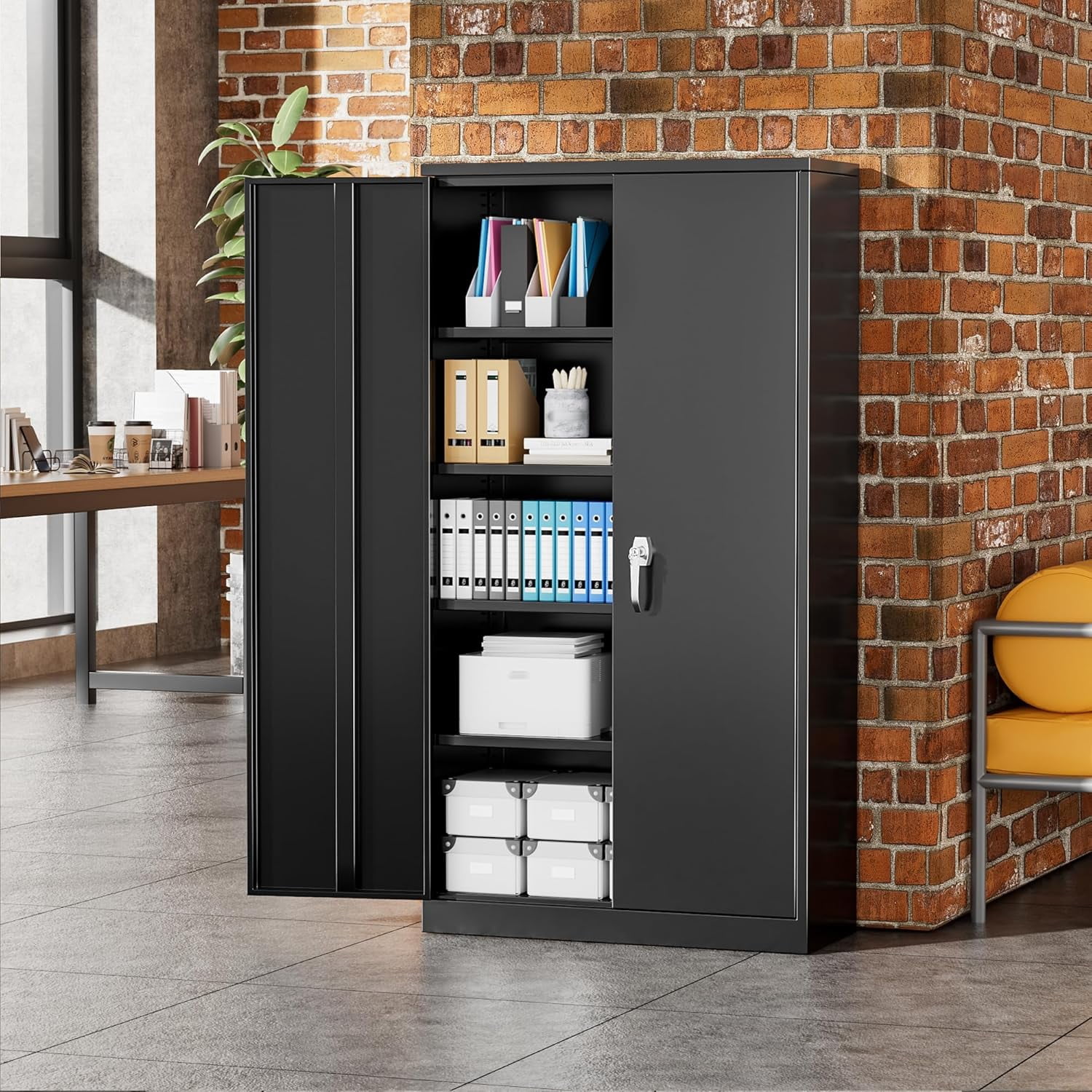 SOLAURA 72 inches Tall Metal Garage Storage Cabinets, Lockable Steel Storage Cabinet with Doors and Adjustable Shelves for Office, Home, Shops, Garage, Assembly Required, Black