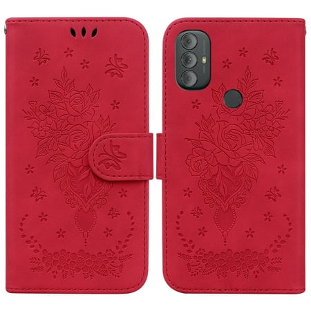 For Motorola Moto G Pure Butterfly Rose Embossed Leather Phone Case