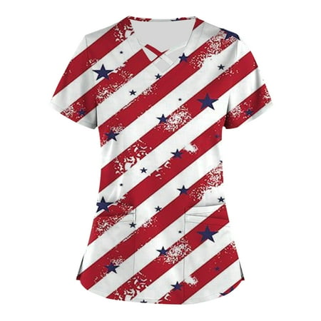 

KSCYKKKD Womens Tops Plus Size Independence Day Printed Scrub Working Uniform Tops for Womens Cross V Neck Short Sleeve Fun T-shirtss Workwear Tee with Pockets Wine XXXXL