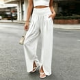 thumbnail image 2 of Wide Leg Linen Pants Women High Waisted Boho Beach Flowy Pants Pleated Casual Vacation Outfits Elastic Trousers Split Hem, 2 of 9