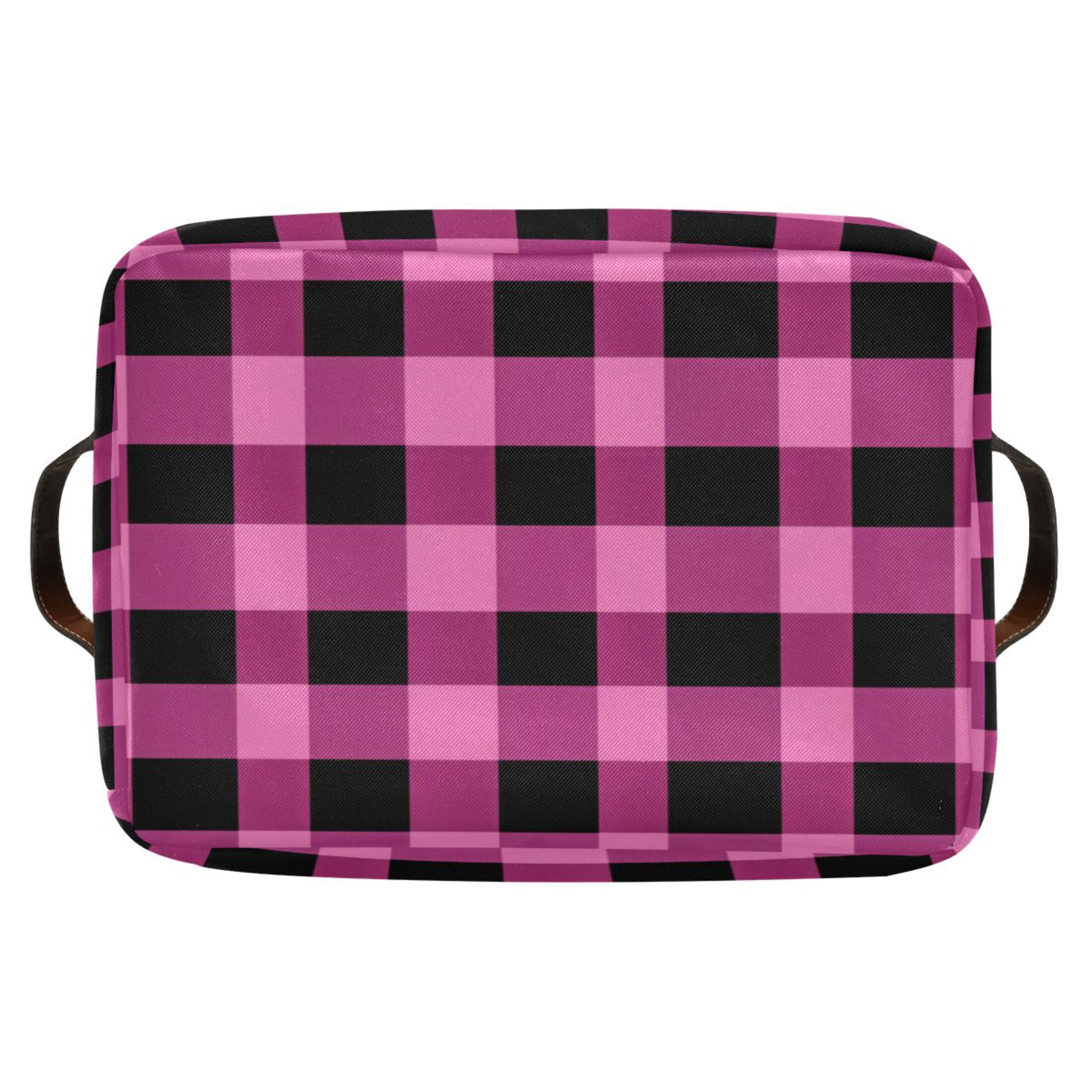 Pink and Black Check Foldable Storage Basket,Canvas Fabric Foldable Storage Bins with Handles Open Home Storage Bins Boxes for Toy Book Shelf Closet Baskets