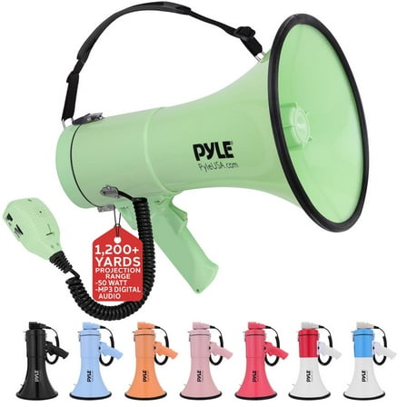 Lightweight and Portable Bullhorn Megaphone, Aux (3.5mm) Input for MP3/Music, Automatic Siren, 50-Watt, MIC/TALK (Green)