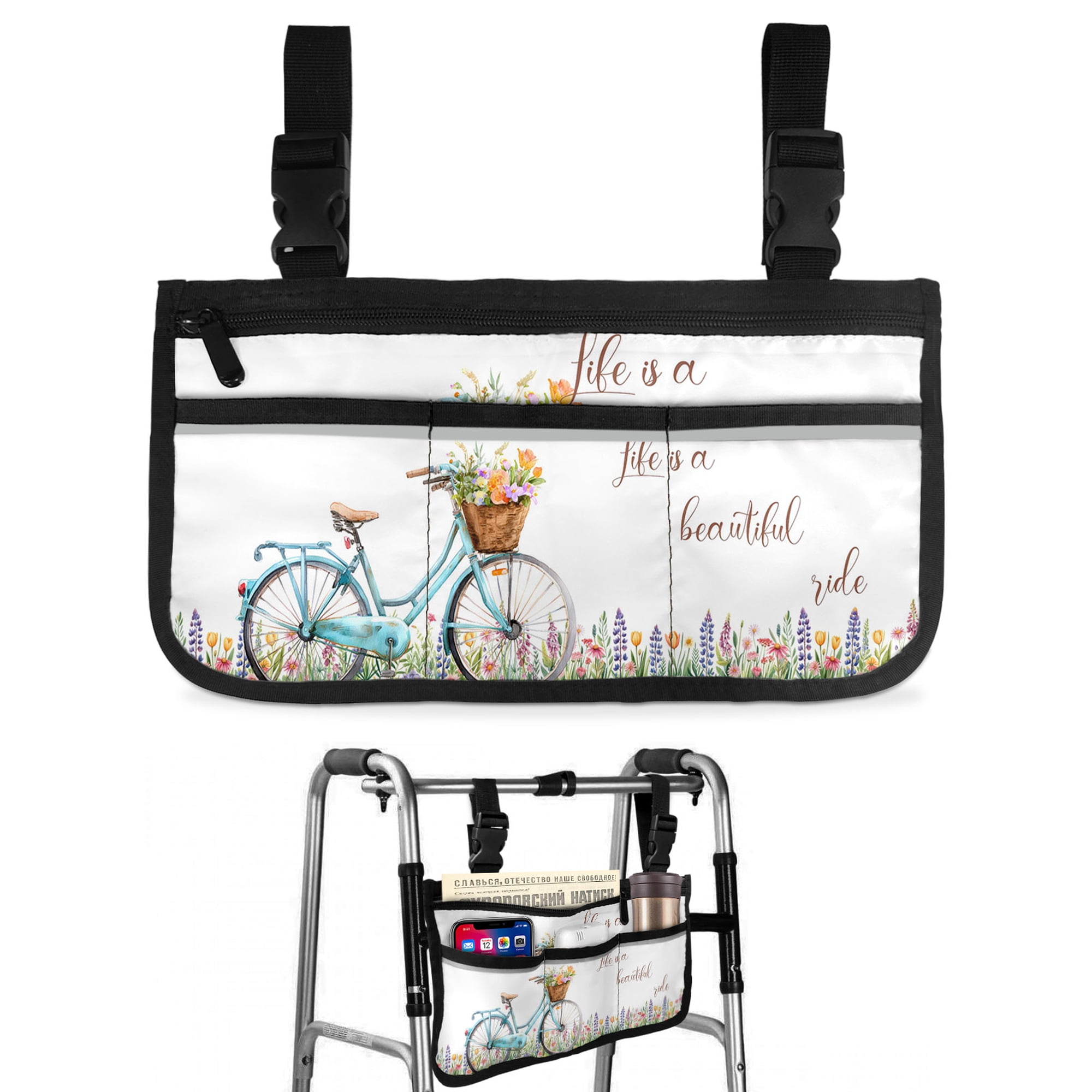 Life Is A Beautiful Ride Wheelchair Side Bag with Cup Holder, Pastoral Bikes Flower Field Leaves Wheelchair Armrest Bag Storage Pouch Adults, Seniors for Walkers, Rollator, Scooter