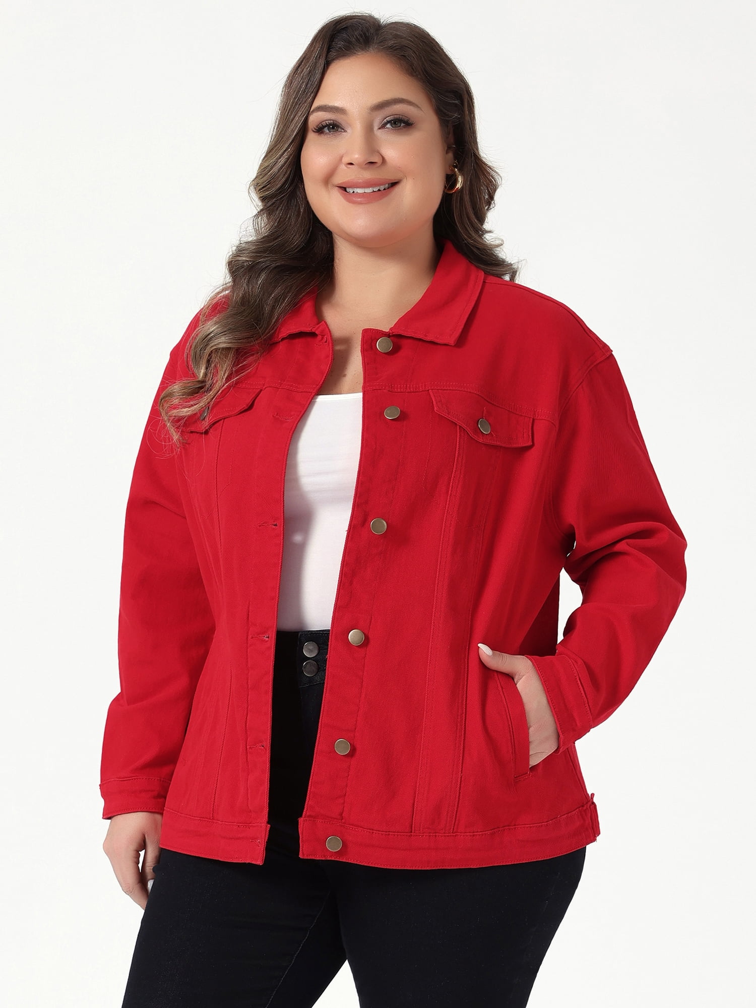 DARING DIVA Women's Plus Size Long Sleeve Button Front Washed Denim Jacket 3X Red