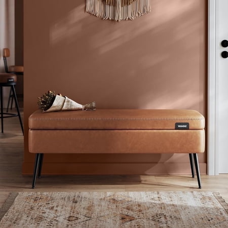 VASAGLE EKHO Collection - Leather Entryway Bench Loads 660 lb Bench with Storage 15 Gallons for Bedroom Living Room Caramel Brown