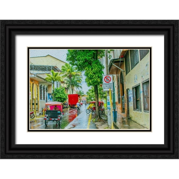 Murdock, Ramona 18x13 Black Ornate Wood Framed with Double Matting Museum Art Print Titled - Rainy Street Iquitos Peru