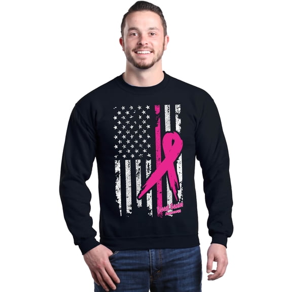 Shop4Ever Men's Pink Breast Cancer Ribbon American Flag Crewneck Sweatshirt Medium Black