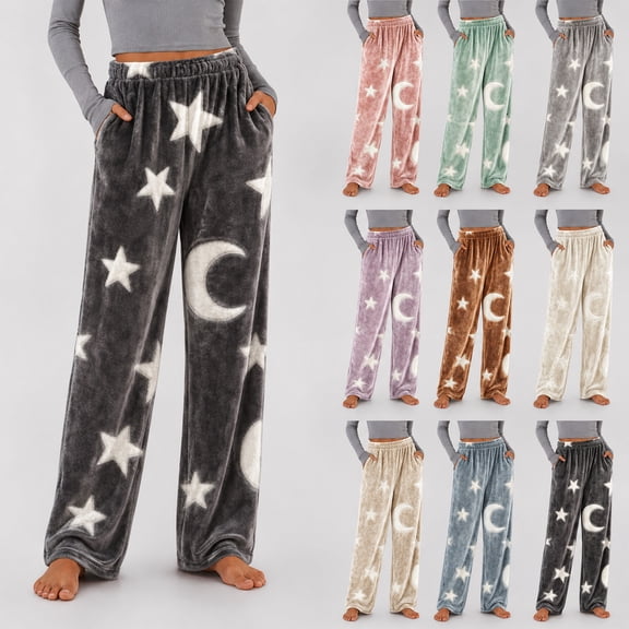 LUGOGNE Fuzzy Fleece Pants Women Warm Winter Pajama Pants Star Moon Print Soft Comfortable Home Casual Bottoms with Pockets Black,L