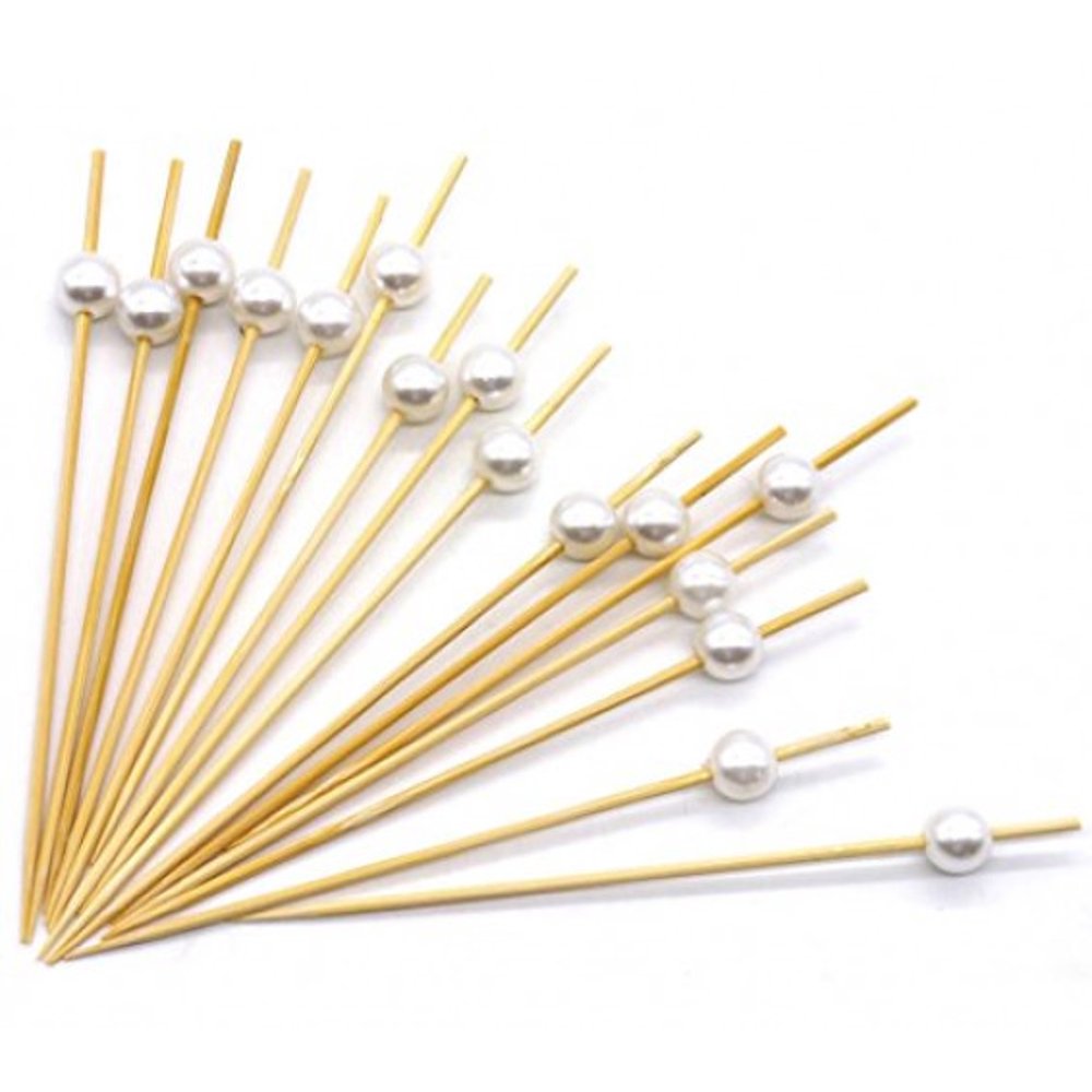 Premium Disposables 4.7" Bamboo Cocktail Picks With White Pearls Set Of 300 Decorative Bamboo