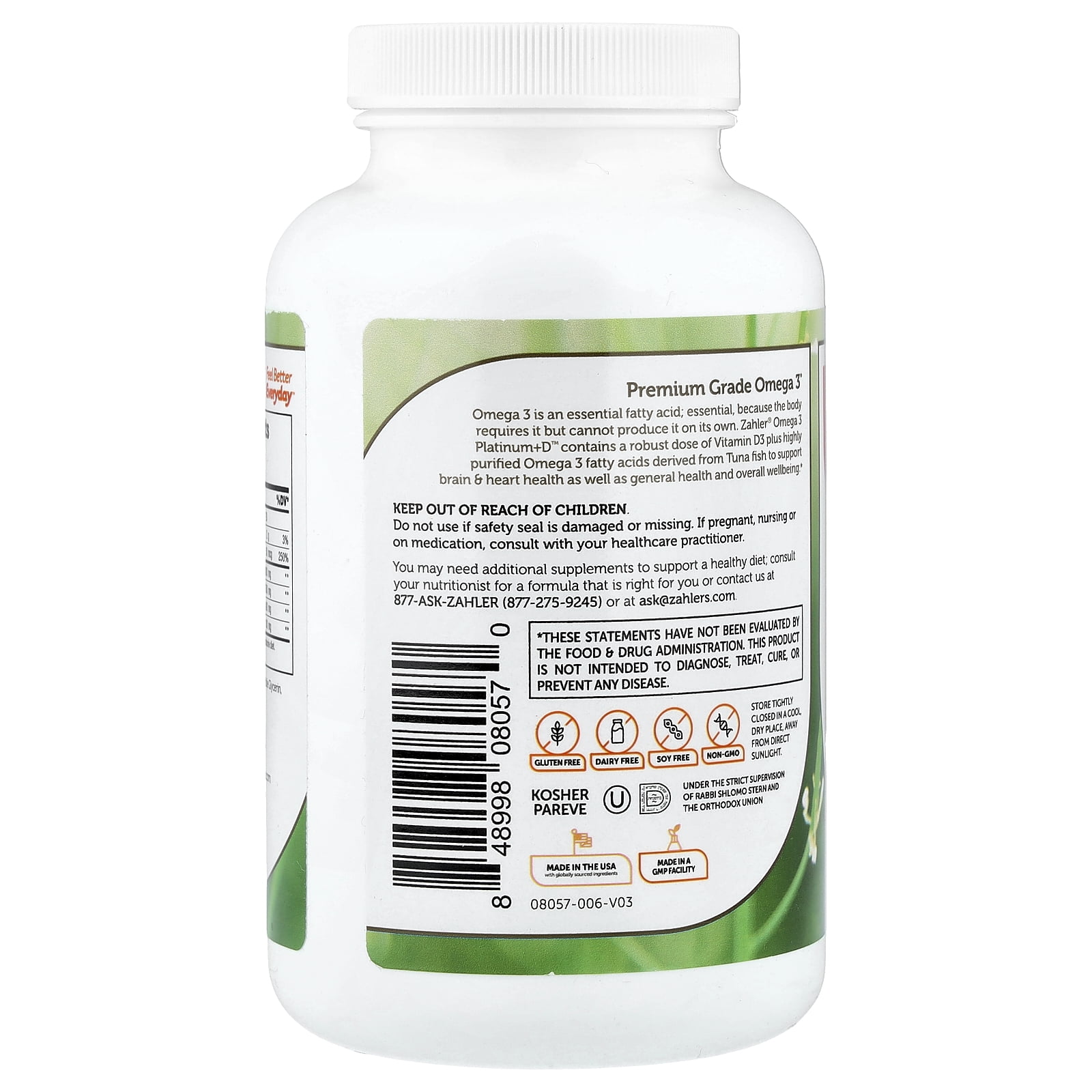 Zahler Omega 3 Platinum + D, 180 Softgels, Omega 3, Omega 3 Fish Oil, Omega & Fish Oil Omega 3 Dietary Supplement with Vitamin D