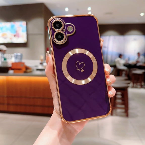Electroplated Case For iPhone 16, Cute Gold Heart Magnetic Cover Compatible with MagSafe, Full Camera Lens Protection Shockproof Soft TPU Slim Phone Case for Women Girls,Darkpurple