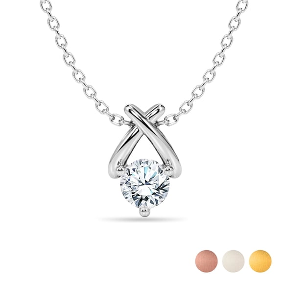 JeenMata Certified X-Shaped Round Cut Lab Grown Diamond Pendant Necklace in 18K White Gold over Silver