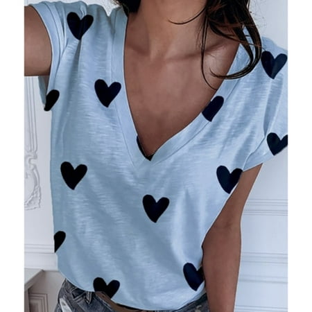 Women's Heart Print Shirt Blouse Plus Size Short Sleeve Loose Shirt ...