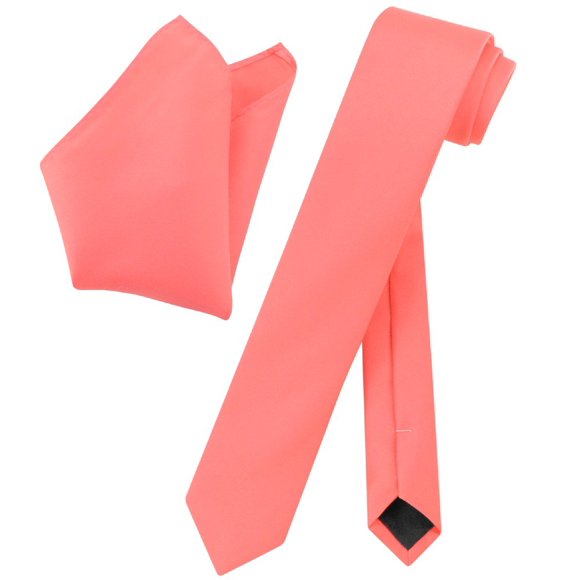 Vesuvio Napoli CORAL PINK Skinny 2.5"" NeckTie Handkerchief Mens Neck Tie Set