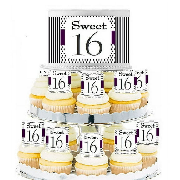 Sweet 16 Purple Stripes and Polka Dot Edible Photo Toppers & Edible Cupcake Decoration Kit