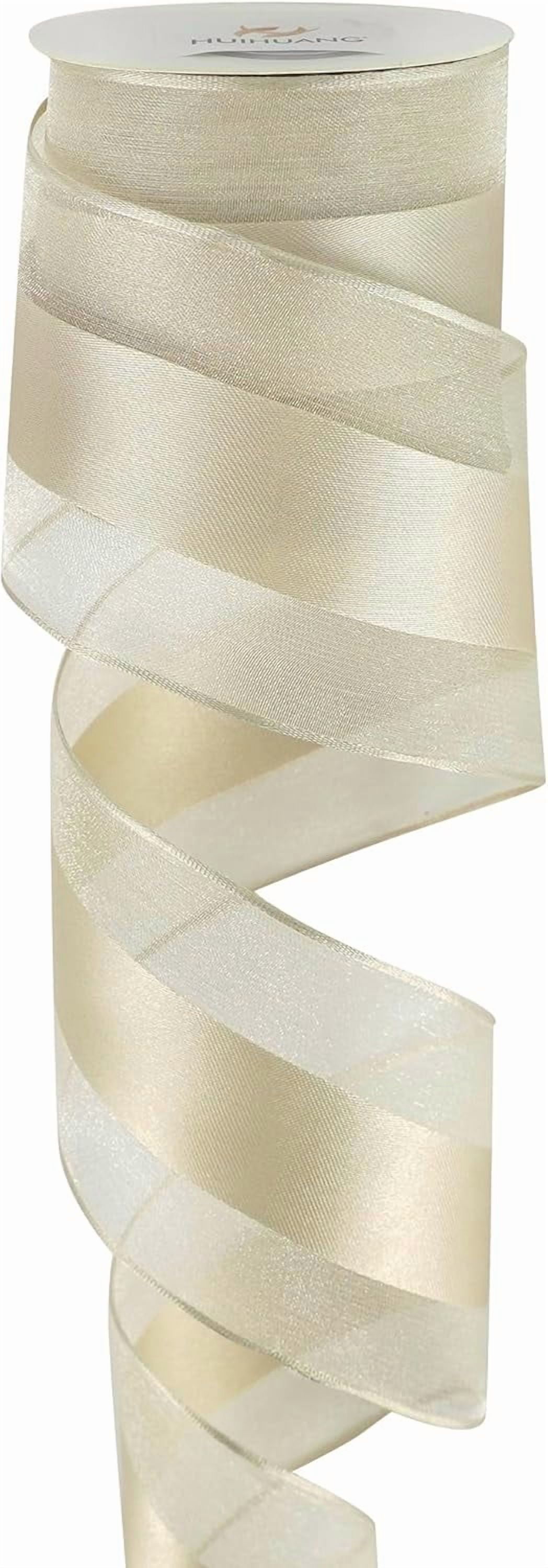 Champagne Sheer Wired Ribbon with Satin Stripe 2.5 inch Champagne Christmas Tree Ribbon for Bows Making, Wreaths, Garland, Gift Wrapping, Bridal Shower Wedding Decor-Continous 10 Yards
