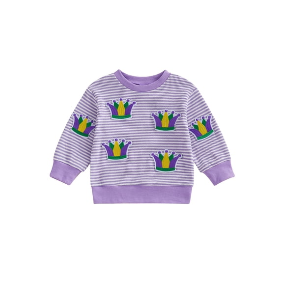 Spewahor Toddler Baby Girls Carnival Sweatshirts 6 12 8 24 Months 2T 3T 4T Round Neck Crown Embroidery Striped Pullover