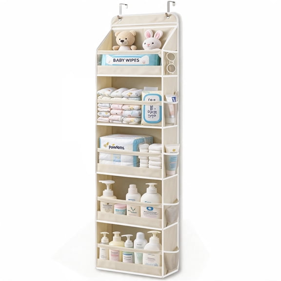 VOZOGO 1 pack over Door Organizer with 5 Large Pockets, 44 lbs Weight Capacity Hanging Storage Organizer with Clear Window Kids Toys, Shoes, Diapers,Off-white