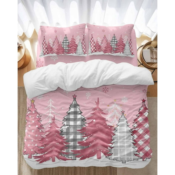 Christmas Pink Bedding Duvet Cover Set Twin Size 4 Pieces Snowflake Stars Xmas Tree Soft Twill Plush Quilt Cover, Include 1 Duvet Cover 1 Flat Sheet And 2 Pillow