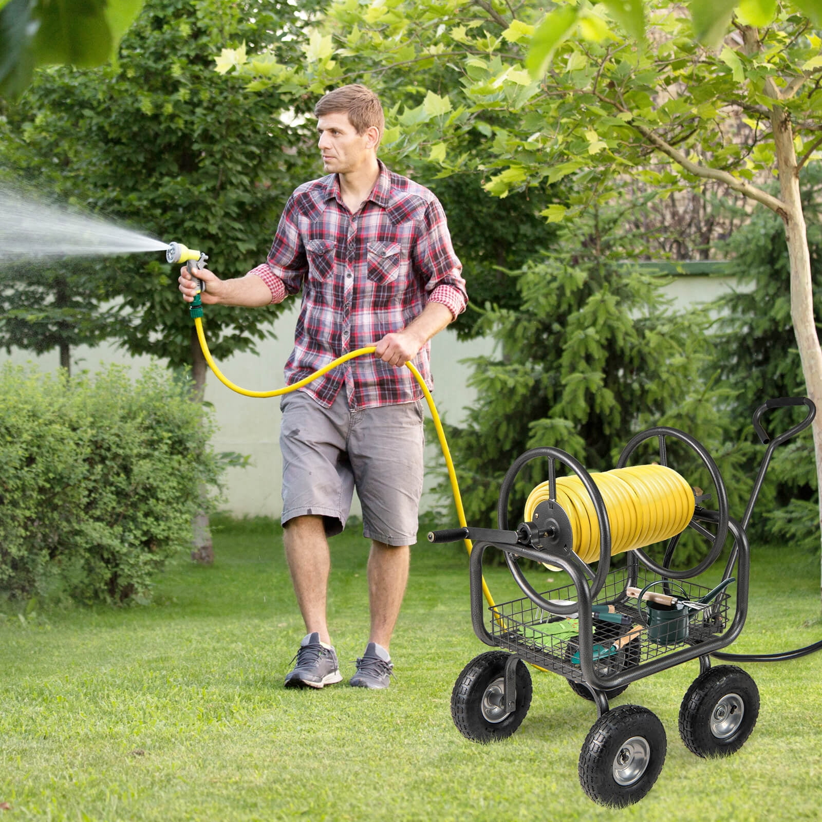 Costway Portable Hose Reel Cart with 300 ft of 5/8” Large Capacity Storage Basket for Lawn