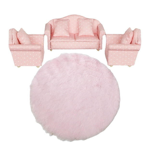 Miniature Wood Mini Sofa and Cushion Furniture Set with Plush Floor Mat Carpet Area Rug /12 Doll Room Decoration Pretend Play