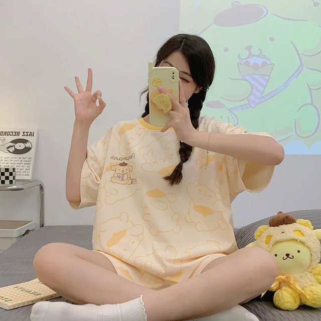 Kawaii Sanrio Kuromi Piyama Cinnamoroll My Melody Set Celana Pendek Lengan Pendek Musim Panas Wanita Pakaian Santai Tipis