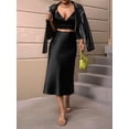 thumbnail image 5 of Women Solid High Waist Silky Casual Elastic Satin Midi Skirt Black S, 5 of 9